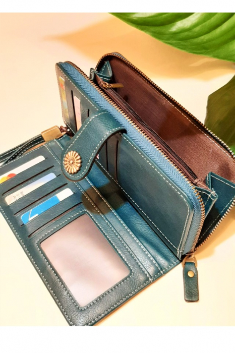 Portofel dama, mare, piele ecologica premium, cu bareta, albastru canar, 195x105x35mm [3]