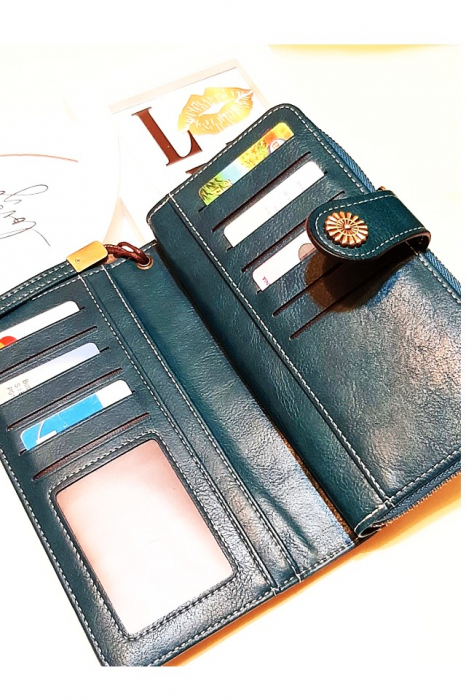 Portofel dama, mare, piele ecologica premium, cu bareta, albastru canar, 195x105x35mm [5]