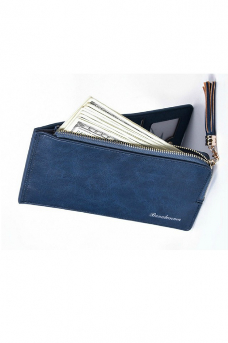 Portofel dama, mediu, Banabanma, piele ecologica premium, cu snur si fermoar, albastru inchis [3]