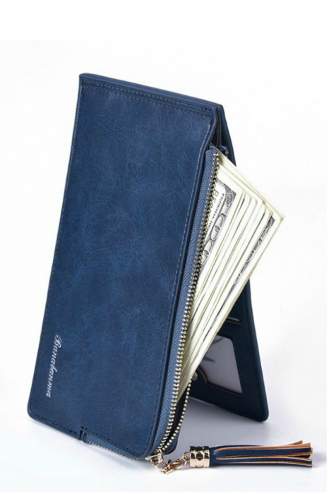 Portofel dama, mediu, Banabanma, piele ecologica premium, cu snur si fermoar, albastru inchis [2]