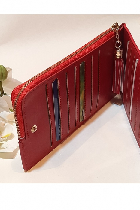 Portofel dama, mediu, Banabanma, piele ecologica premium, cu snur si fermoar, rosu [5]