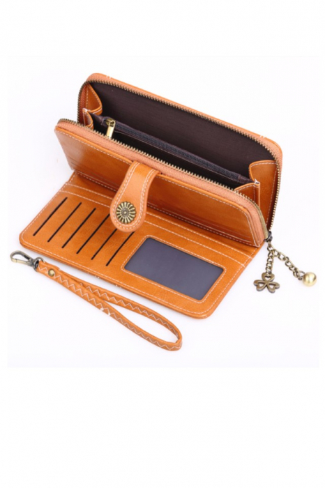 Portofel dama, tip borseta , piele ecologica premium, cu bareta, maro caramel, 190x100x40 [4]