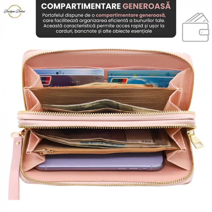 Portofel Elegant Femei Boutique Deluxe Fashion Classic, Piele Ecologica, Compartimente Multiple pentru Telefon, Carduri, Bani, Organizare Eficienta, Roz Deschis [5]