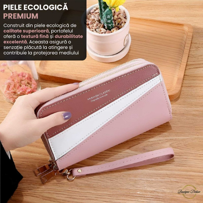 Portofel Elegant Femei Boutique Deluxe Fashion Classic, Piele Ecologica, Compartimente Multiple pentru Telefon, Carduri, Bani, Organizare Eficienta, Roz Deschis [6]