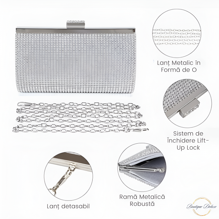 Poseta dama eleganta, argintie, cu lantisor argintiu, 225x50x100mm [2]