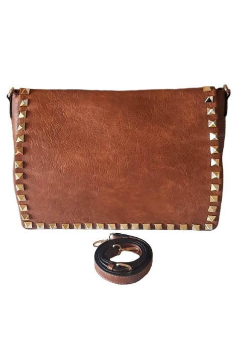 Poseta dama, Potri, maro, cu tinte aurii, bareta de umar, piele ecologica premium, animal friendly, 40x12x26 cm [3]