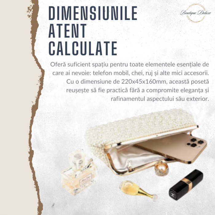 Poseta de Dama, Eleganta, Aurie, cu Perlute Albe, Lantisor Lung Auriu 22x4,5x16 cm [6]