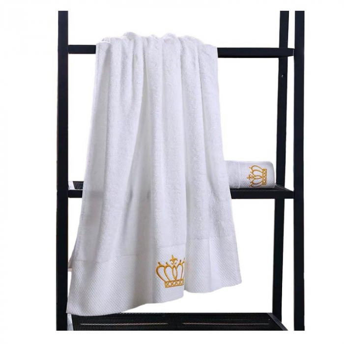 Set 3 prosoape de baie, tip hotelier, bumbac 100%, 70x140 cm, albe cu broderie aurie [5]