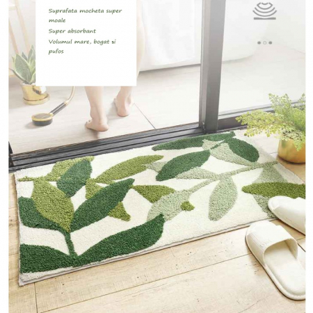Covoras de baie, mediu, absorbant, antiderapant, design cu frunze verzi diferite nuante, 50x80 cm, Verde [3]