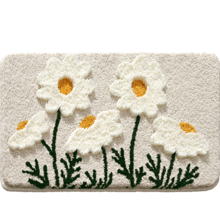 produse baie - Covoras De Baie Pufos Boutique Deluxe, Design Tridimensional Flori, Ultra-Absorbant, Antiderapant, Ideal Pentru Baie, Alb