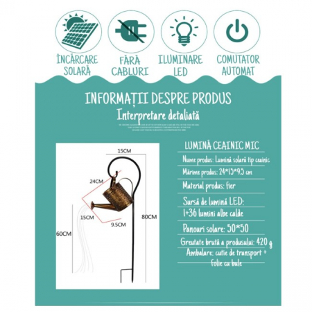 Decoratiune pentru exterior, lumini cu incarcare solara, model ceainic, agatatoare rezistenta, Aramiu Vintage [4]