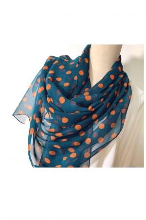 Esarfa dama mare, eleganta, voal, cu buline portocalii, Albastra [4]
