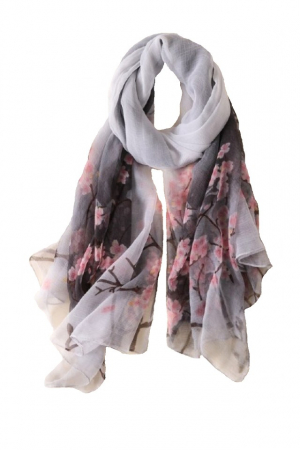 Esarfe - Esarfa dama, mare, fond gri cu imprimeu floral roz, 1800x1450mm