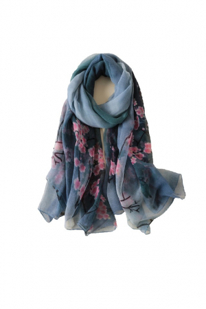 Esarfe - Esarfa dama, mare, fond turcoaz inchis,  cu imprimeu floral roz, 1800x1450mm