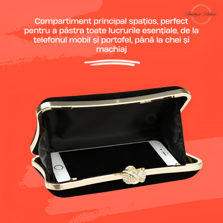 Geanta Clutch Dama, Design Retro Elegant, Inchidere cu Perla, cu Lantisor, Incapatoare, Negru 20.5x12.5x5.5cm [2]