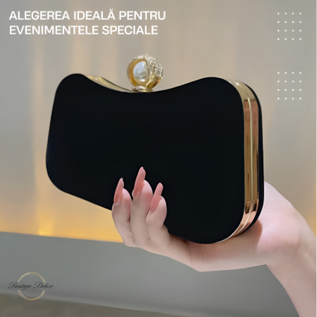 Geanta Clutch Dama, Design Retro Elegant, Inchidere cu Perla, cu Lantisor, Incapatoare, Negru 20.5x12.5x5.5cm [1]