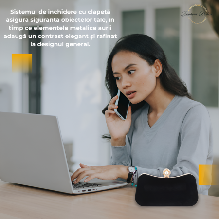 Geanta Clutch Dama, Design Retro Elegant, Inchidere cu Perla, cu Lantisor, Incapatoare, Negru 20.5x12.5x5.5cm [3]