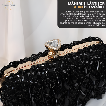 Geanta Clutch Elegant Dama Boutique Deluxe Pentru Evenimente, Cu Margele Si Paiete Stralucitoare, Lantisor si Maner Auriu Detasabil, Geanta De Seara, Negru [8]