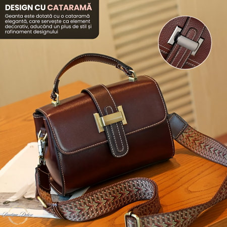 Geanta dama crossbody mica, retro, din piele naturala, model korean, cu catarama, Maro inchis havana [1]