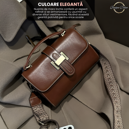 Geanta dama crossbody mica, retro, din piele naturala, model korean, cu catarama, Maro inchis havana [2]