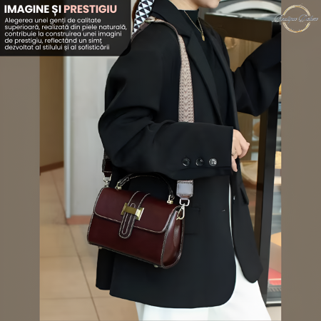 Geanta dama crossbody mica, retro, din piele naturala, model korean, cu catarama, Maro inchis havana [3]