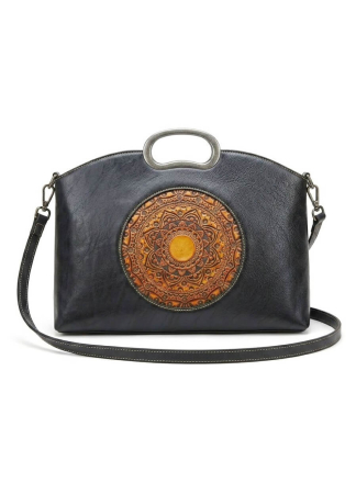 Genti Piele Naturala - Geantă Damă din Piele Naturală Vintage cu Mandala Ștanțată în Relief și Mâner Metalic – Gri Grafit