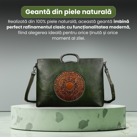 Geanta dama eleganta din piele naturala, Boutique Deluxe, model totem in relief, 2 manere fixe, curea reglabila, buzunare multiple, sistem de inchidere cu fermoar, verde [1]