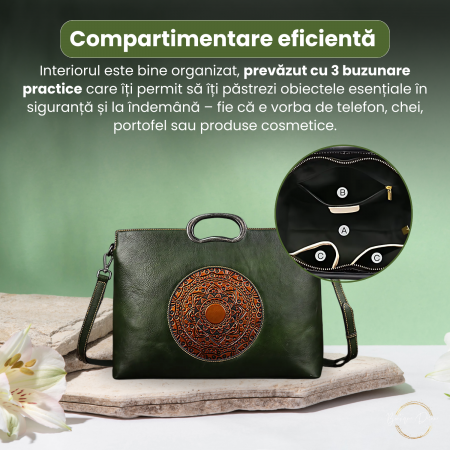 Geanta dama eleganta din piele naturala, Boutique Deluxe, model totem in relief, 2 manere fixe, curea reglabila, buzunare multiple, sistem de inchidere cu fermoar, verde [6]