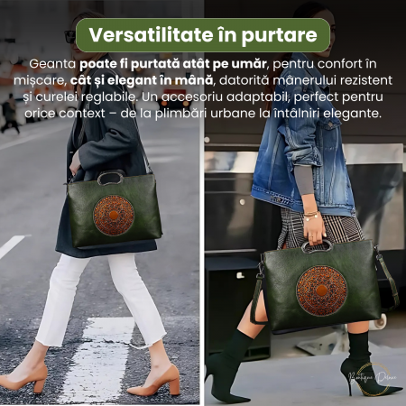 Geanta dama eleganta din piele naturala, Boutique Deluxe, model totem in relief, 2 manere fixe, curea reglabila, buzunare multiple, sistem de inchidere cu fermoar, verde [2]