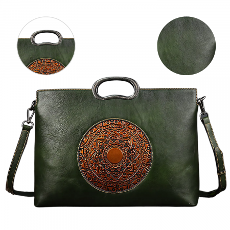 Geanta dama eleganta din piele naturala, Boutique Deluxe, model totem in relief, 2 manere fixe, curea reglabila, buzunare multiple, sistem de inchidere cu fermoar, verde [0]