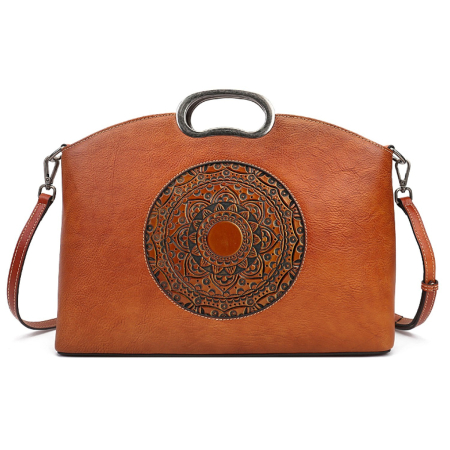 Genti Piele Naturala - Geanta dama eleganta din piele naturala, Boutique Deluxe, model totem in relief, 2 , spatioasa, maro cognac