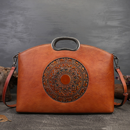 Geanta dama eleganta din piele naturala, Boutique Deluxe, model totem in relief, 2 , spatioasa, maro cognac [1]