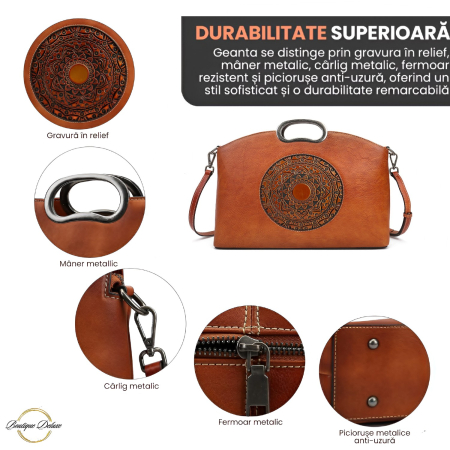 Geanta dama eleganta din piele naturala, Boutique Deluxe, model totem in relief, 2 , spatioasa, maro cognac [2]