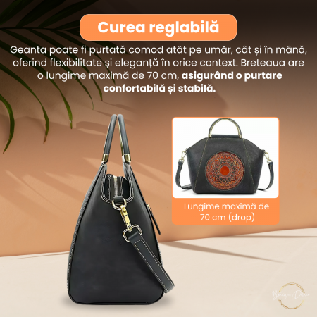 Geanta Dama Marime Medie Boutique Deluxe Piele Naturala, Eleganta, Model cu Relief, Compartimentare Eficienta, Bareta Detasabila si Ajustabila, Elemente Metalice Aurii, Gri Grafit [5]