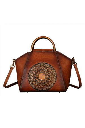 Genti Piele Naturala - Geanta dama, marime medie, design modern, cu model in relief, piele naturala, 30x31x15cm, Maro
