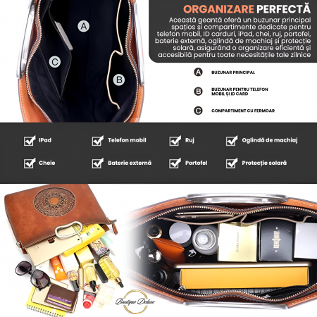 Geanta dama, marime medie, piele naturala, cu manere argintii patinate, Maro [7]