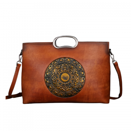 Genti Piele Naturala - Geanta dama, marime medie, piele naturala, cu manere argintii patinate, Maro