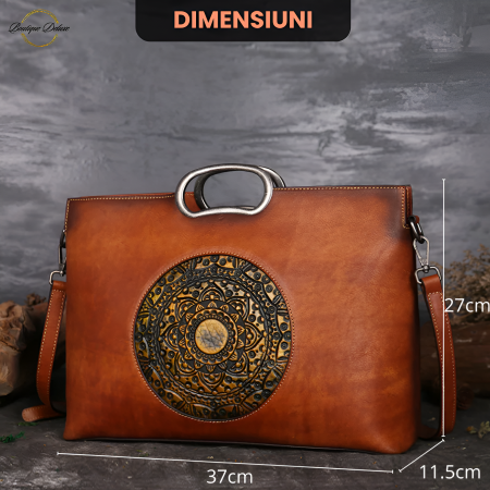 Geanta dama, marime medie, piele naturala, cu manere argintii patinate, Maro [4]