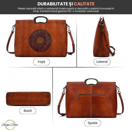 Geanta dama, marime medie, piele naturala, cu manere argintii patinate, Maro [5]