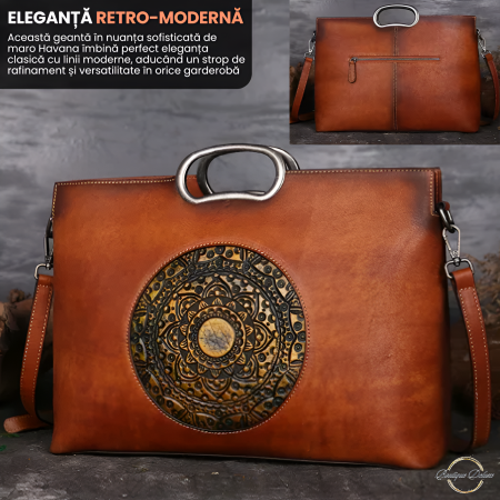 Geanta dama, marime medie, piele naturala, cu manere argintii patinate, Maro [1]