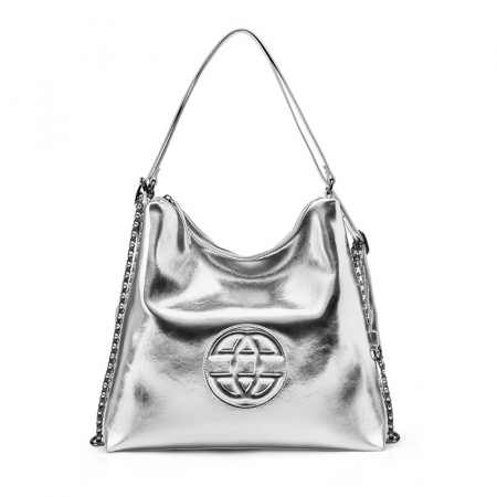 Geanta dama, medie, tote bag, cu model in relief, piele naturala, 30x35x15 cm, Argintie [0]