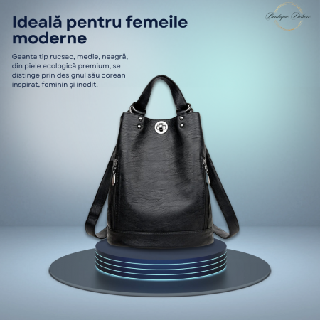 Genti dama - Geanta Dama Tip Rucsac, Neagra, Marime Medie, Moderna, Piele Ecologica Premium, 290x180x350 mm