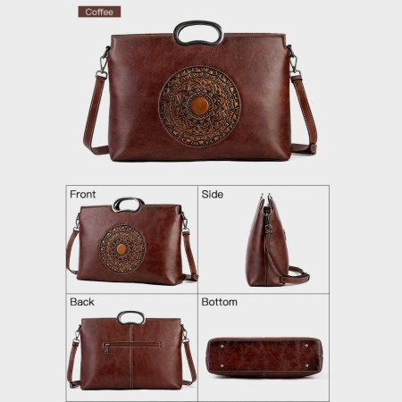 Geanta De Dama Boutique Deluxe, Piele Naturala Manere Argintii, Buzunare Multiple, Spatiu Generos Versatilitate, Casual si Birou, Maro Cofee Inchis [2]