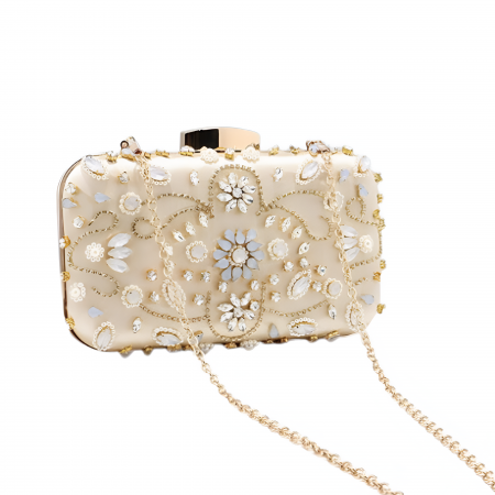 Genti dama - Geanta Mica de Dama, Design Elegant, Tip Clutch, cu Aplicatii de Pietre Multicolore și Lantisor, Incapatoare, Aurie (20x11.5x5.5 cm)