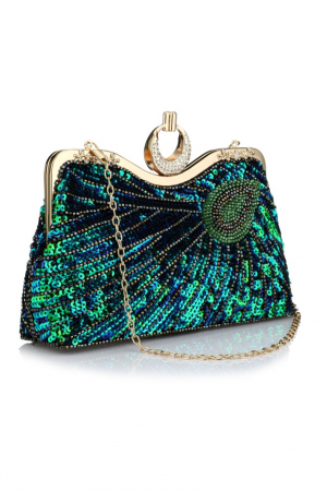 Genti dama - Geanta mica de dama, eleganta, tip clutch, model paun, cu paiete, 23x14.5x7 cm, Multicolora