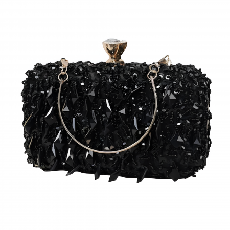 Geanta Clutch Elegant Dama Boutique Deluxe Pentru Evenimente, Cu Margele Si Paiete Stralucitoare, Lantisor si Maner Auriu Detasabil, Geanta De Seara, Negru [0]