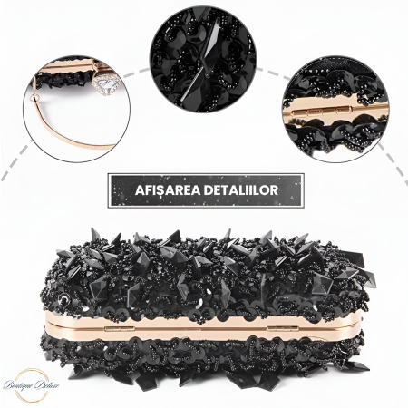 Geanta Clutch Elegant Dama Boutique Deluxe Pentru Evenimente, Cu Margele Si Paiete Stralucitoare, Lantisor si Maner Auriu Detasabil, Geanta De Seara, Negru [3]