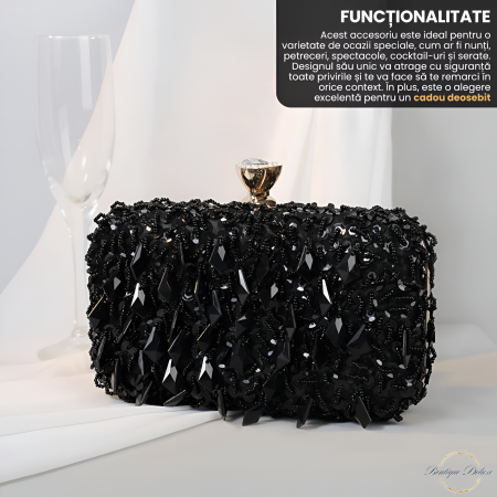 Geanta Clutch Elegant Dama Boutique Deluxe Pentru Evenimente, Cu Margele Si Paiete Stralucitoare, Lantisor si Maner Auriu Detasabil, Geanta De Seara, Negru [1]