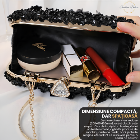 Geanta Clutch Elegant Dama Boutique Deluxe Pentru Evenimente, Cu Margele Si Paiete Stralucitoare, Lantisor si Maner Auriu Detasabil, Geanta De Seara, Negru [7]