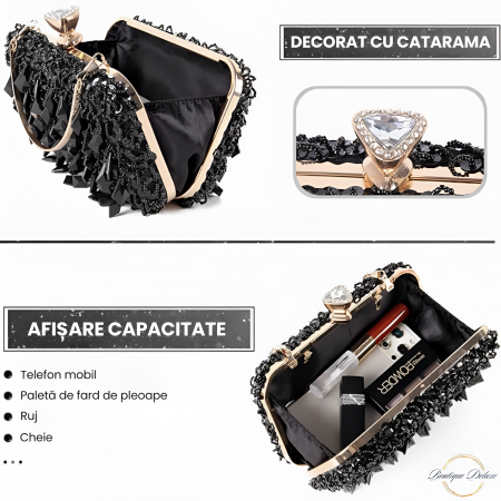 Geanta Clutch Elegant Dama Boutique Deluxe Pentru Evenimente, Cu Margele Si Paiete Stralucitoare, Lantisor si Maner Auriu Detasabil, Geanta De Seara, Negru [4]